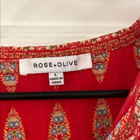 Women Rose & Olive Vibrant Red Patterned Boho V Neck Balloon Sleeve Top Size L - Picture 4 of 7